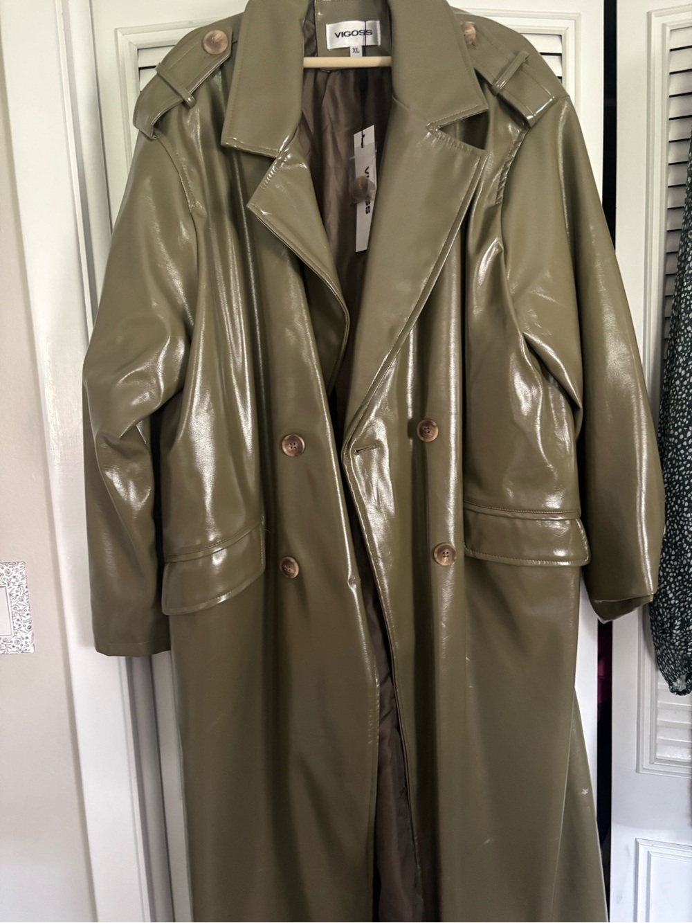 Vigoss Olive Green Patent Double-Breasted Trench Coat